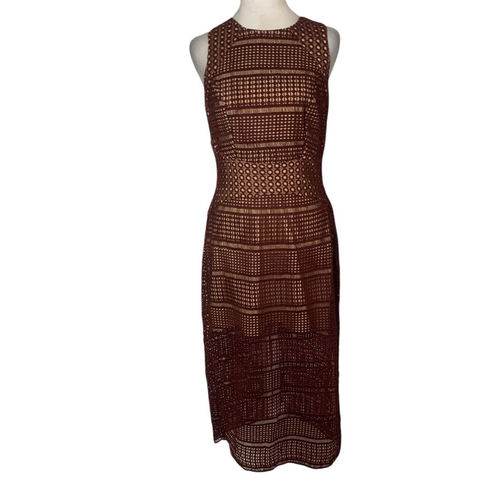 KEEPSAKE Women’s Medium Burgundy Nude Illusion Lace Sweet Nothing Midi Dress